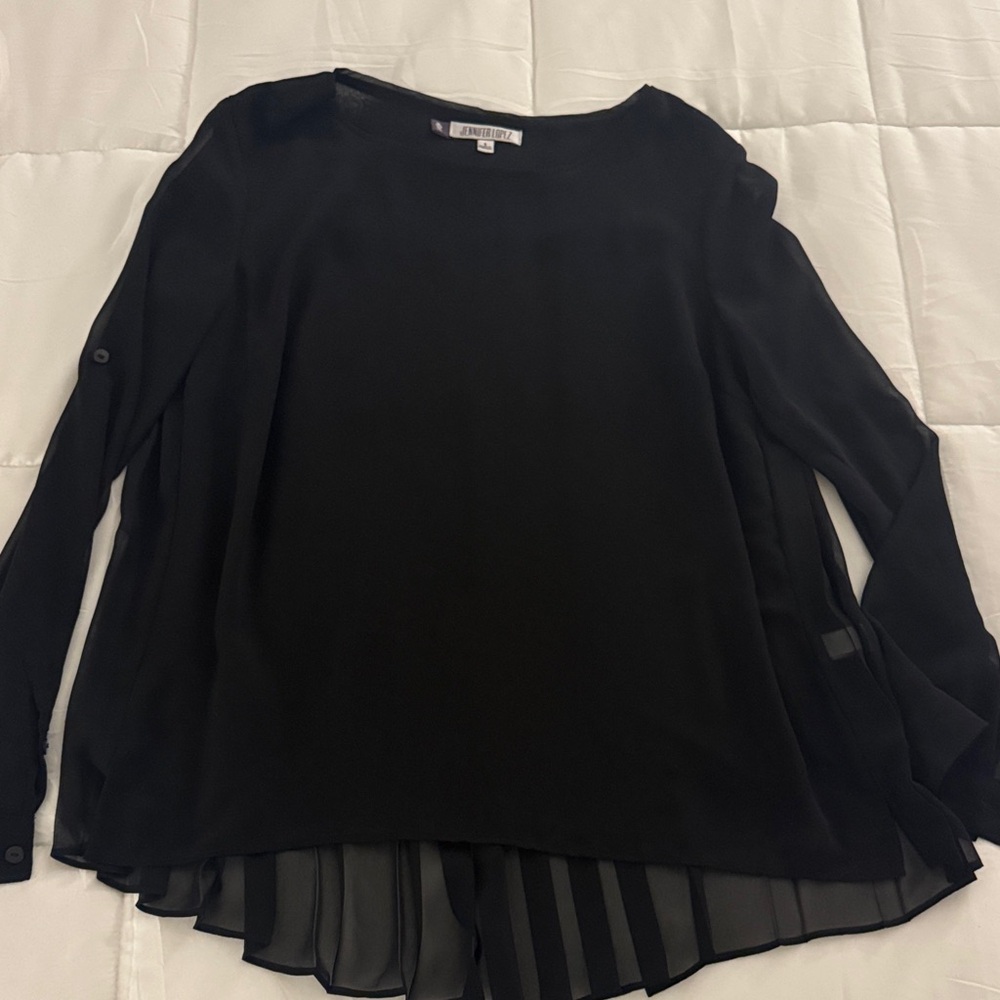 Jennifer Lopez Black Sheer Back Pleated Chiffon Blouse